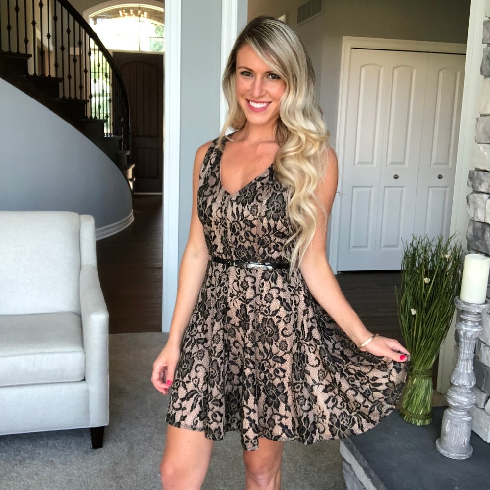 Black and Nude Lace Fit and Flare Dress